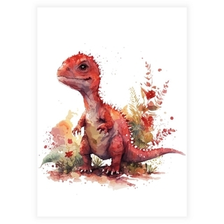 Akvarellaffisch med röd dinosaurie