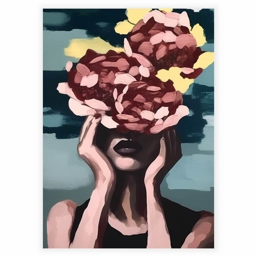 Vackra röda blommor i kvinnans hår som en affisch